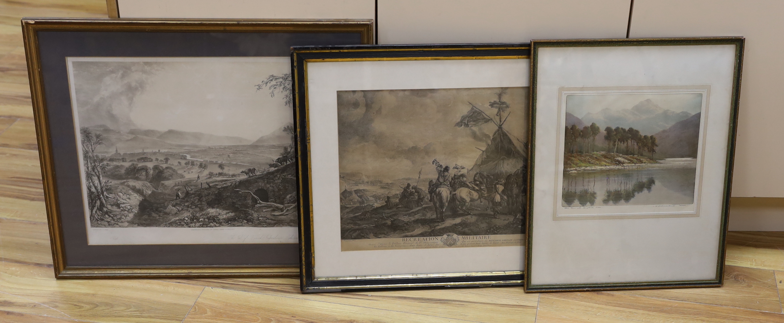 After Philip Wouwerman (Dutch, 1619–1668), 18th century engraving, 'Recreation Militaire' together with two other prints including one by Robert Herdman Smith